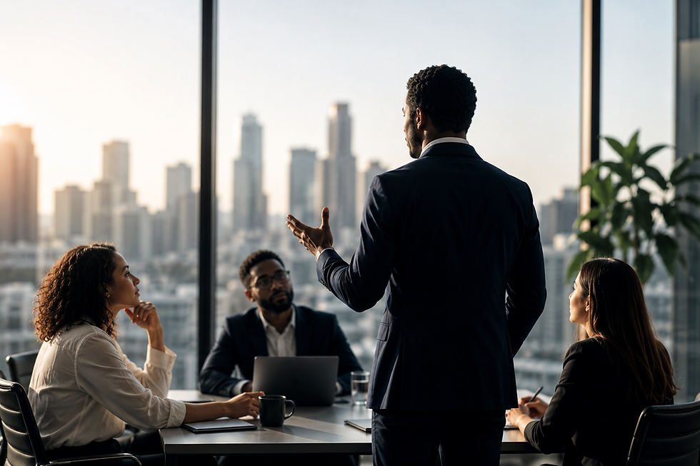 Businessman presents to three colleagues in a glass-walled conference room with city skyline at sunset.