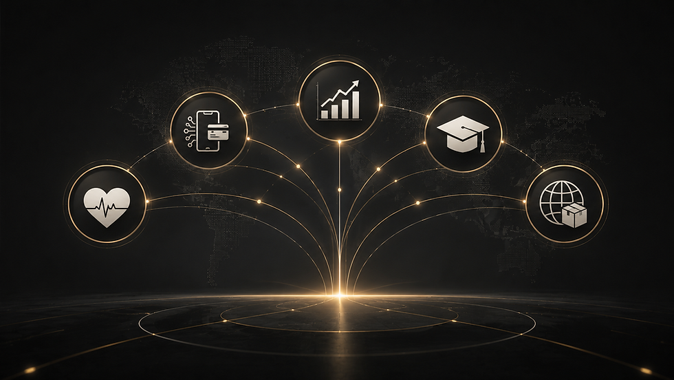 Icons representing healthcare, fintech, education, and logistics connected to a central growth symbol