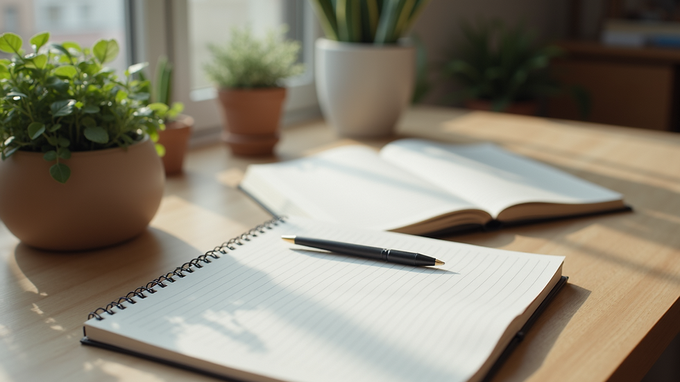 Eye-level view of a serene workspace with design materials and a journal