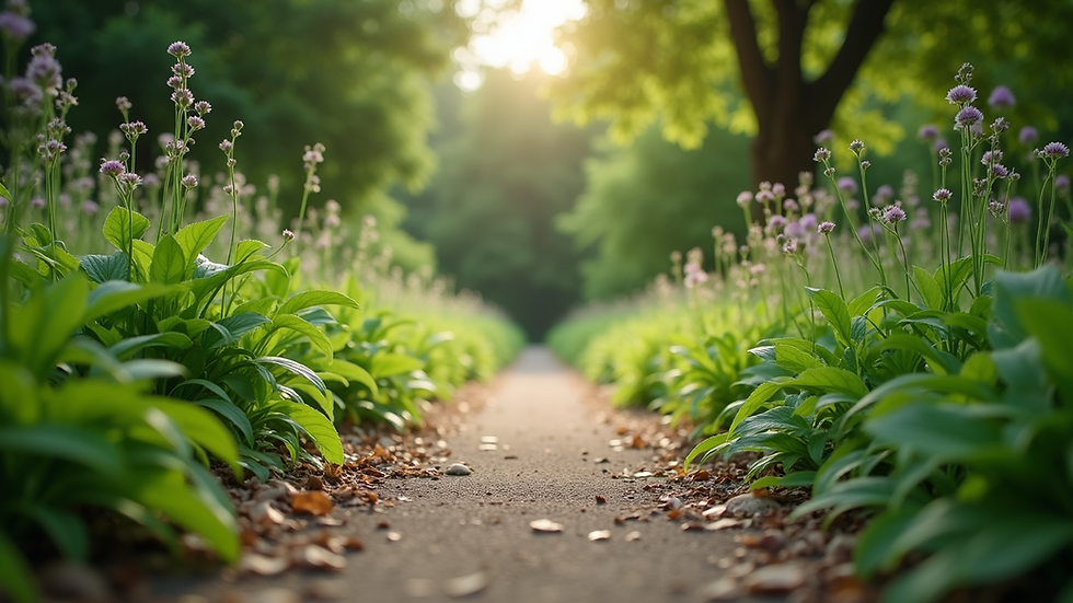 Eye-level view of a peaceful garden path surrounded by greenery