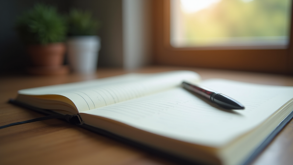 Close-up view of a journal and pen on a wooden table, symbolizing reflection and self-awareness