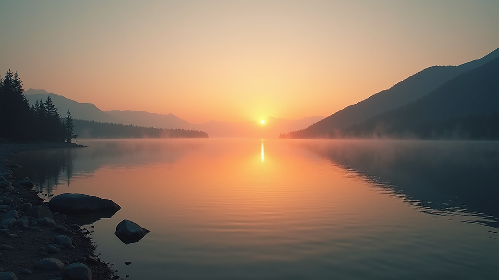 High angle view of a calm lake at sunset, symbolizing peace and emotional balance