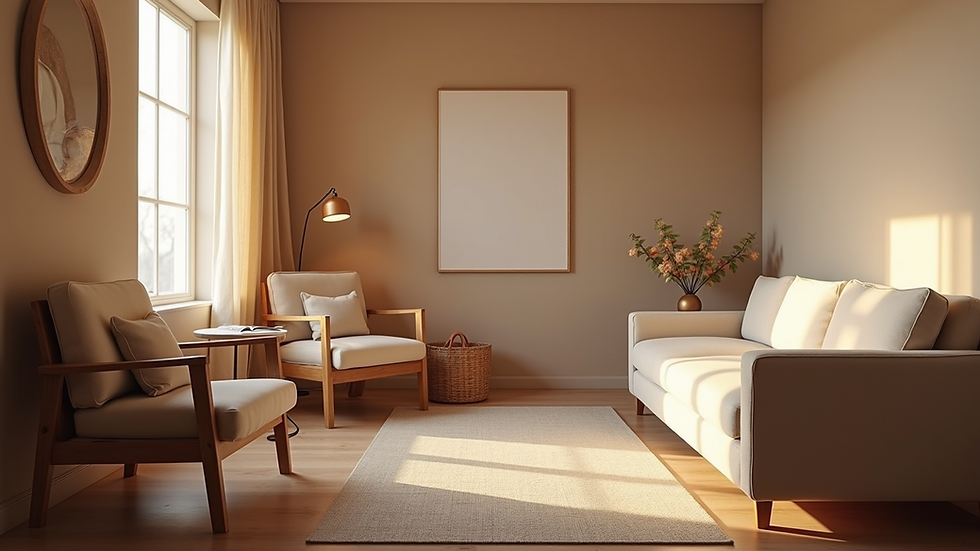 Eye-level view of a cozy therapy room with soft lighting and comfortable chairs