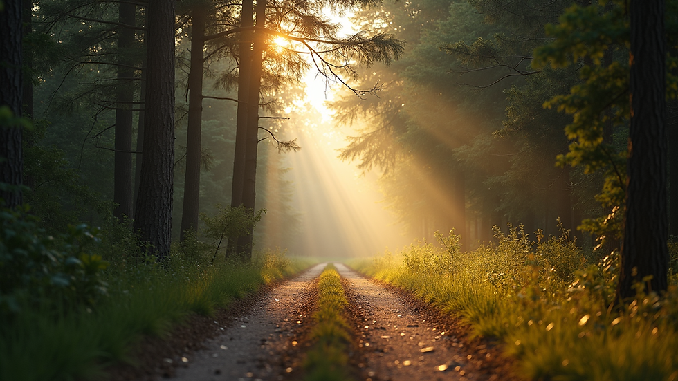 Eye-level view of a quiet path through a forest in early morning light