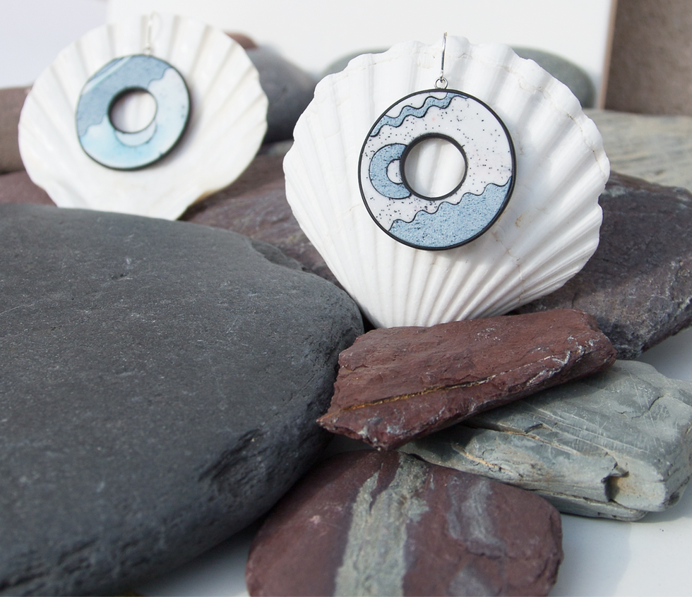 Thumbnail: Nature Inspired Cut Out Circle Statement Earrings | Metallic Silver Blue White