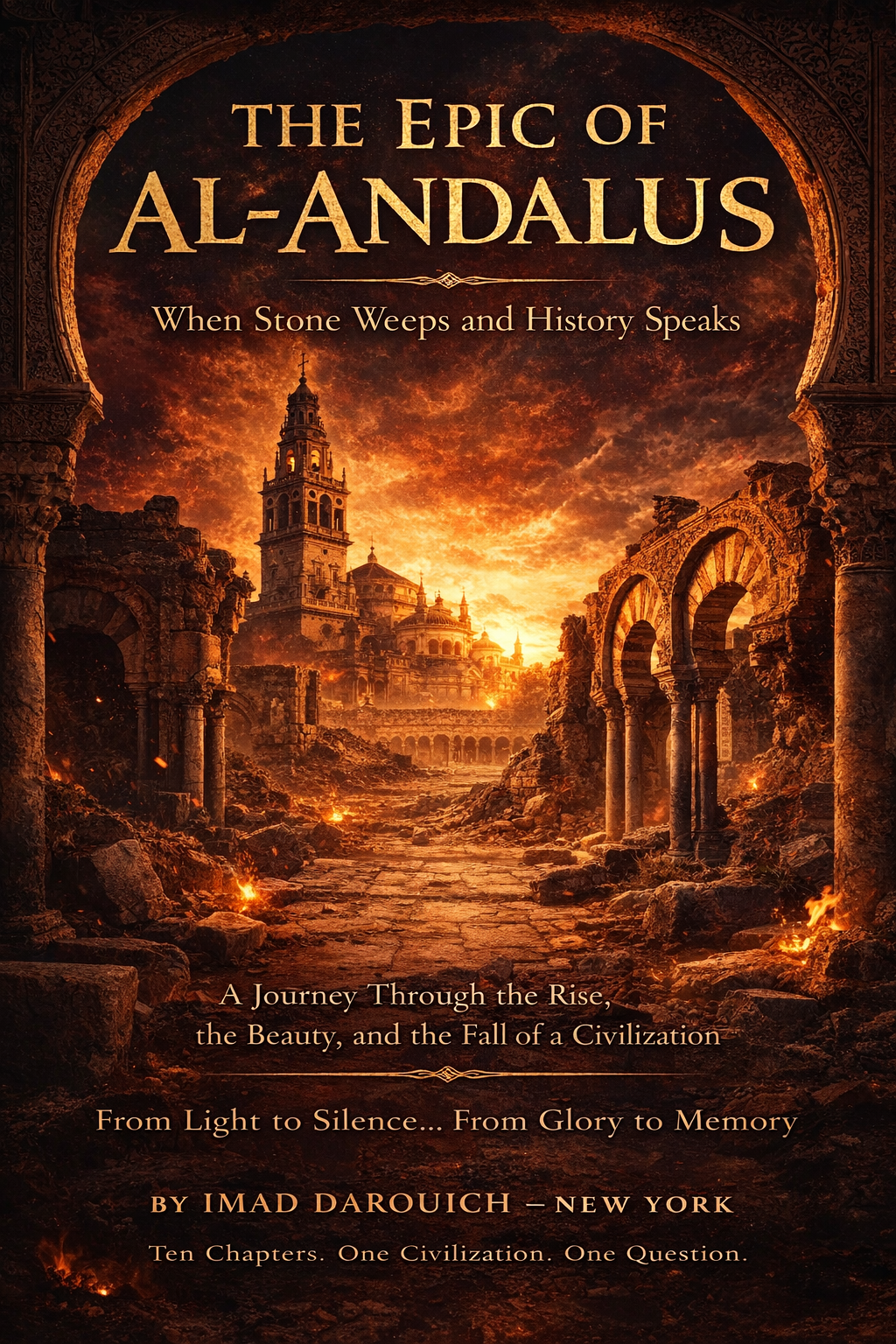 The Epic of Al-Andalus book cover showing Islamic architecture ruins, arches, and a burning historical scene symbolizing the