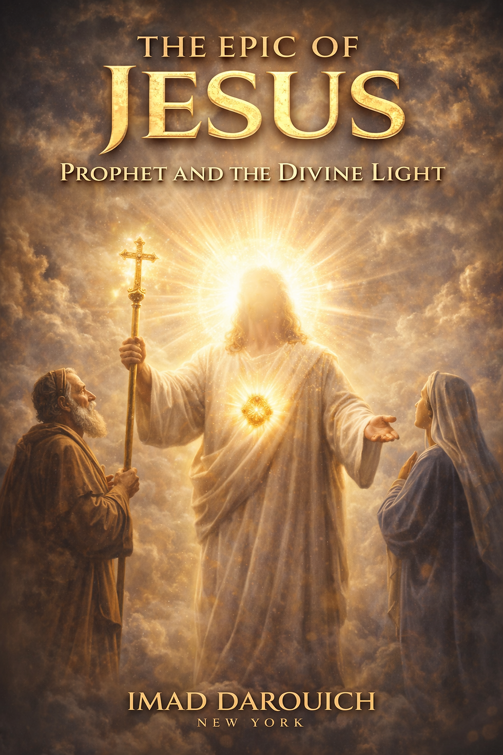 The Epic of Jesus book cover by Imad Darouich showing divine light and spiritual scene, Christian and Islamic philosophical e