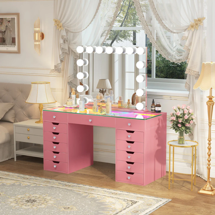 Eva RGB Vanity Desk Set with 15 LED bulb mirror, spacious drawers, modern makeup vanity, and elegant design for bedroom beaut