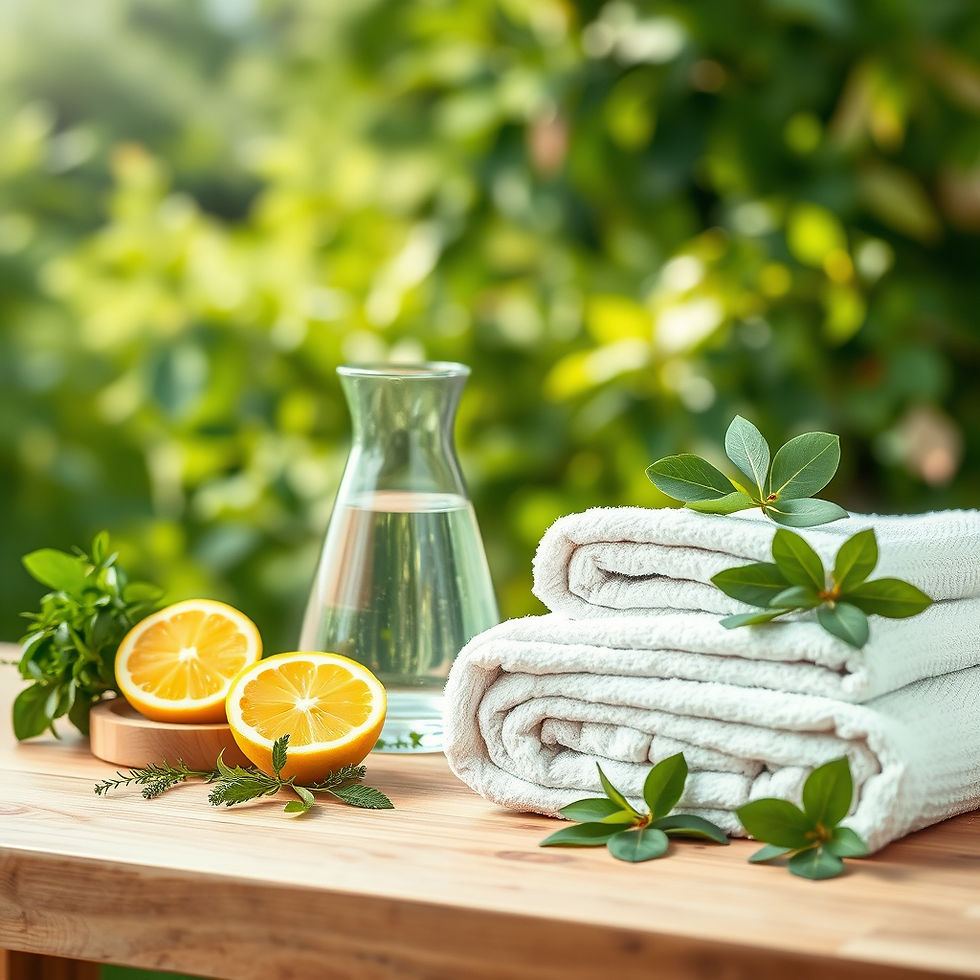 Scene_ A minimal wooden table with a few fresh herbs, sliced lemon, and a water carafe on