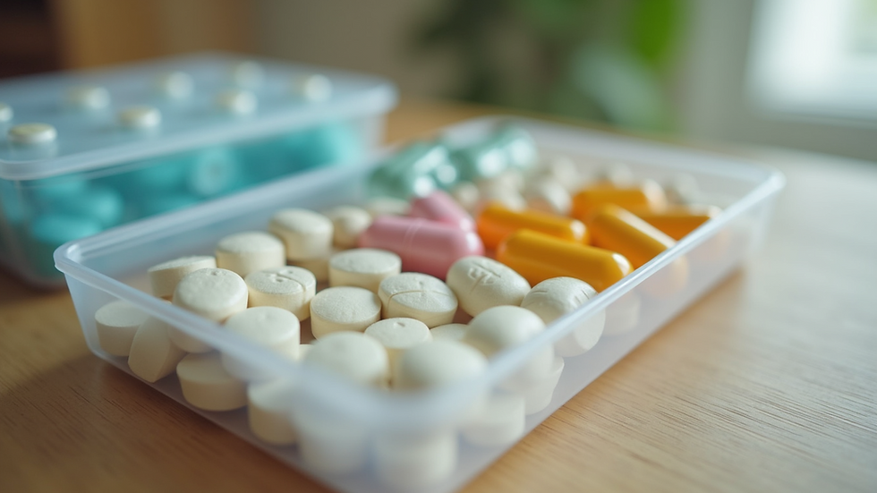 Close-up view of a medication organizer with daily pills sorted