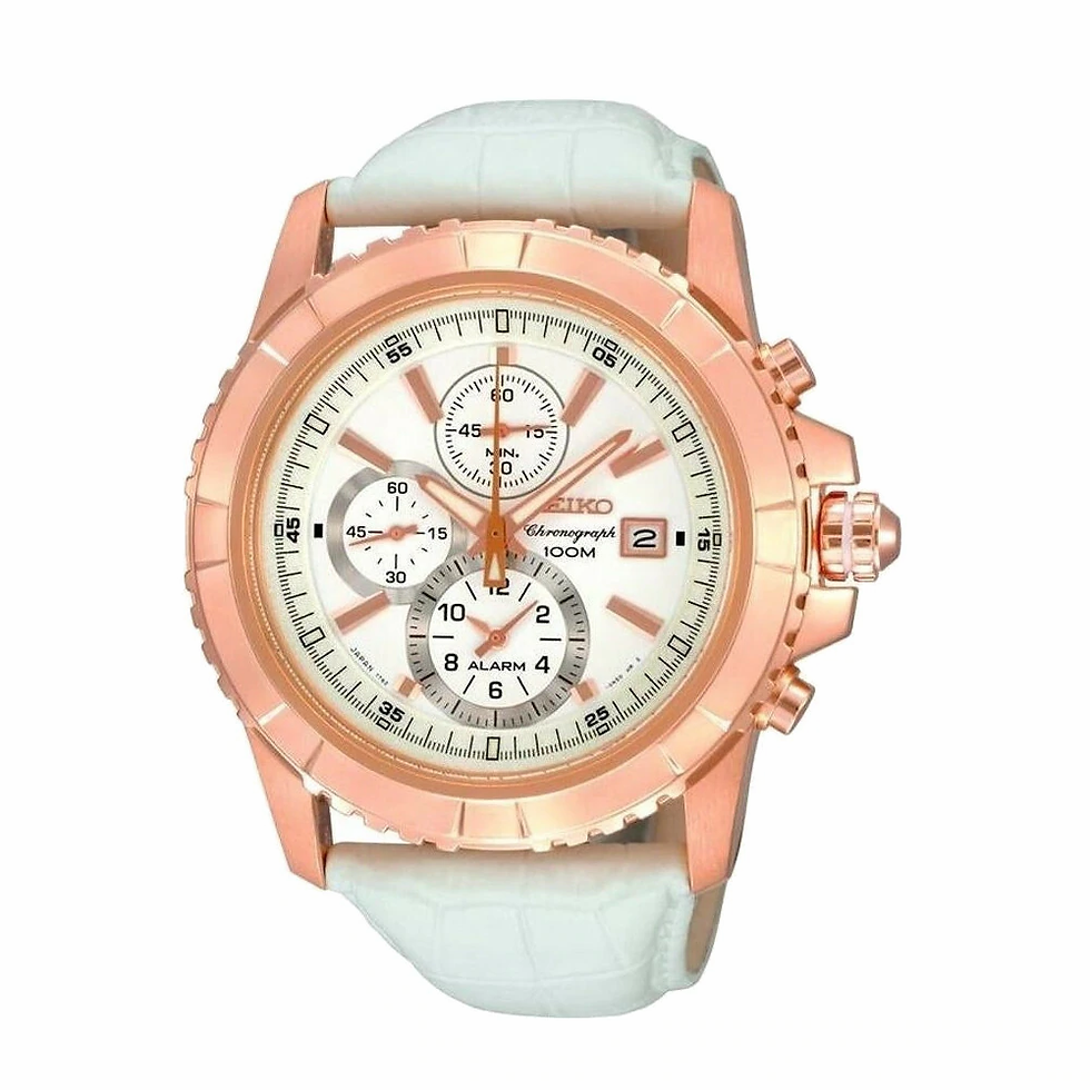 Seiko SNAE12 White Dial Rosegold Bezel Men's Chronograph Leather Watch