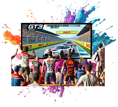 a colorful digital illustration featuring a GT3 race car on a track, with a crowd of excited fans in the foreground and vibrant paint splashes in the background.