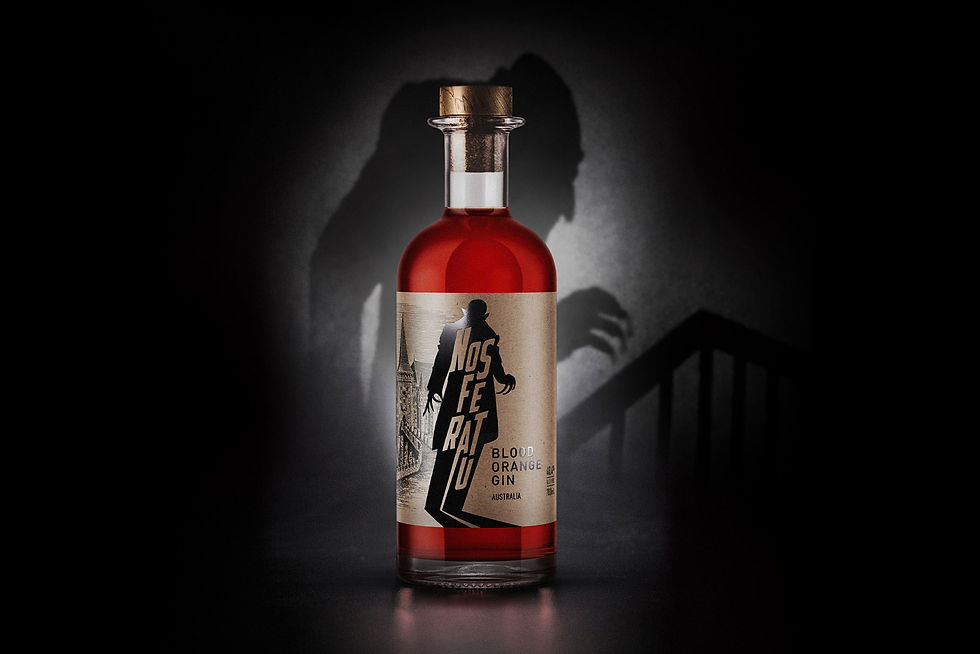 Nosferatu gin bottle with spooky figure in the background
