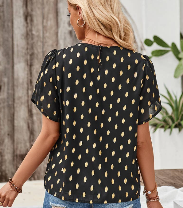 Thumbnail: Round Neck Ruched Dot Print Loose Blouse