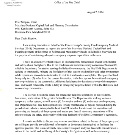 Chief Green Seeks to Build a Temporary Fire Station at Chestnut Hills Park