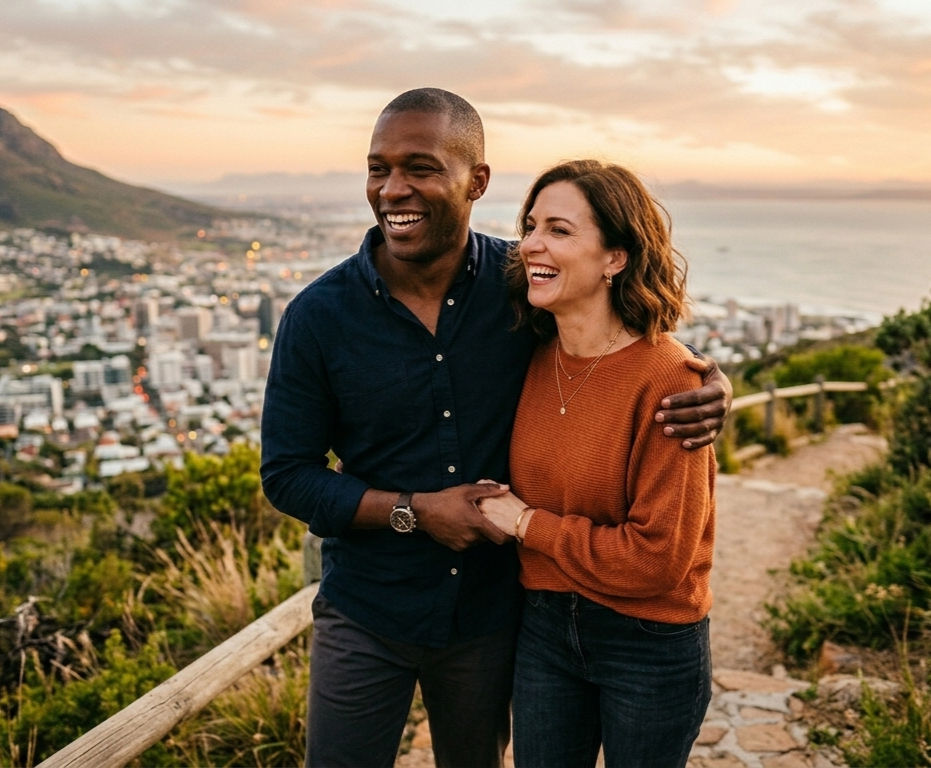 Happy couple hiking and laughing