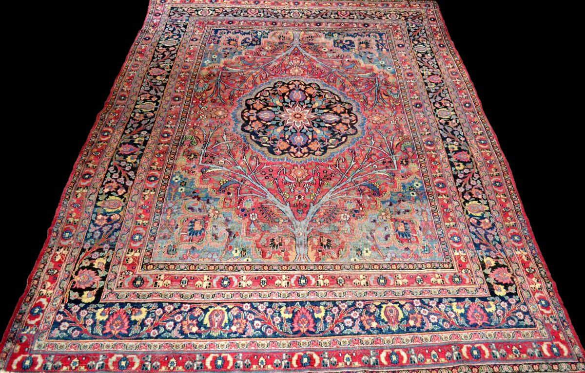 Tapis Tabriz aux arbres bleu, 253 x 357 cm, Iran, XIXème
