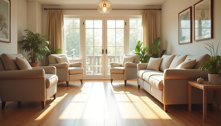 Eye-level view of a well-lit living room with accessible furniture and wide walkways