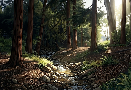 Illustration of Strawberry Creek in Berkeley running through the woods