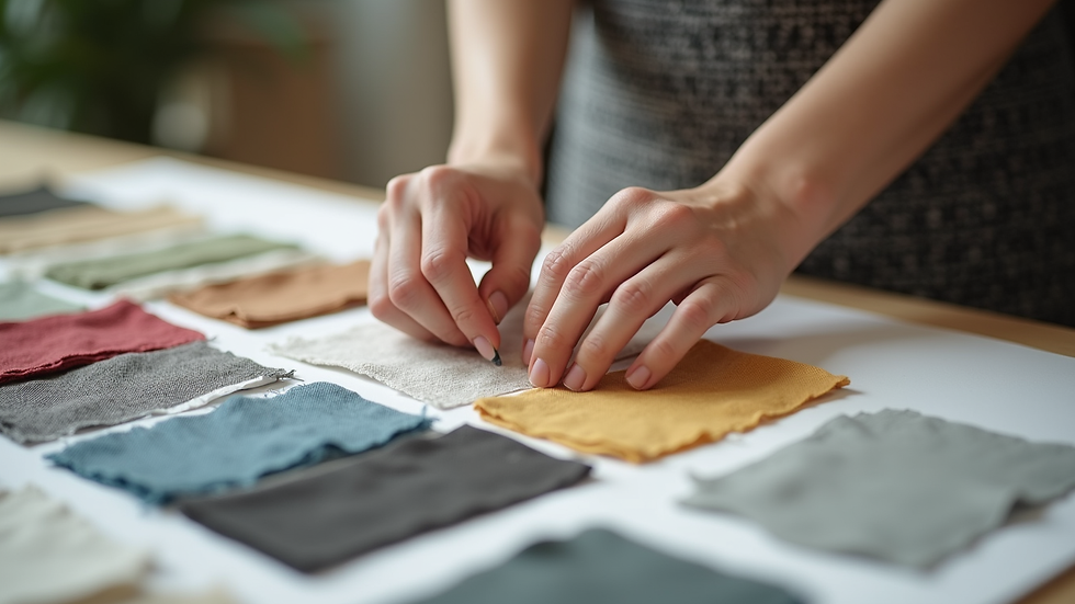 Close-up view of a designer’s hands arranging fabric swatches and color samples on a table