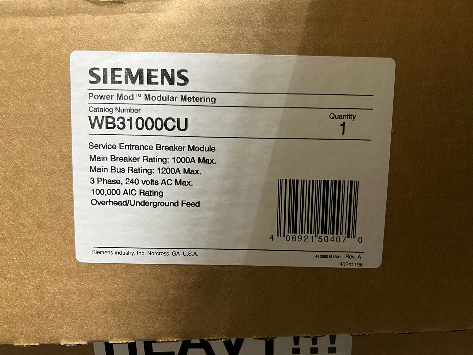 Siemens WB3600CU 600A Power Mod 3PH 3R 65K AIC Meter