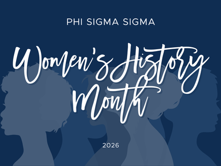 Dark blue background with silhouettes of women and the text Phi Sigma Sigma Women's History Month 2026