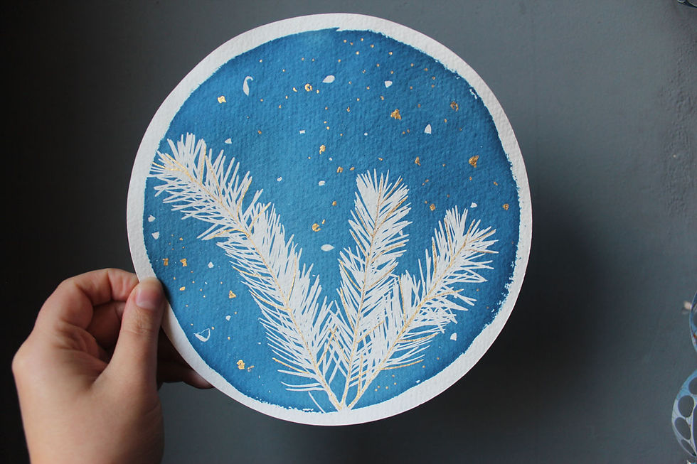 "Winter Nights" " (8" cyanotype with gold leaf)