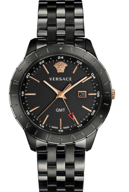 VERSACE PALAZZO EMPIRE VERD00618 ROSE GOLD & BLACK ION-PLATED BRACELET 43MM WATCH PRICE content media