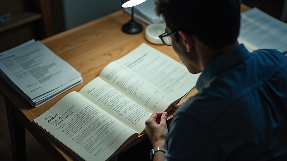 High angle view of a researcher analyzing translated North Korean documents