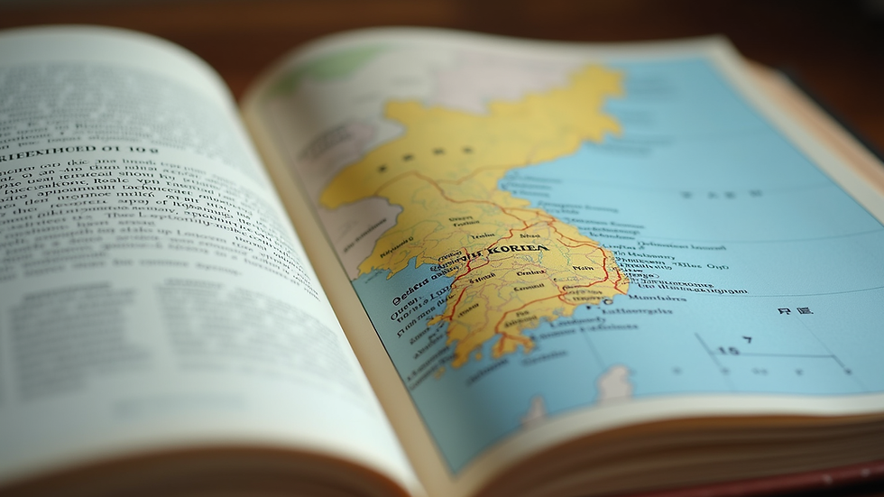 Close-up view of an open book showing a map of North Korea
