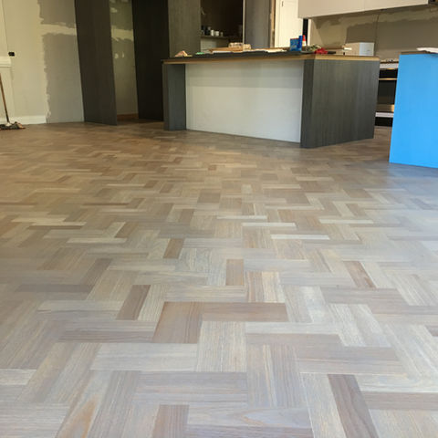 Jarrah Parquetry bleached and stained light grey with Rubio monocoat Oil finish
