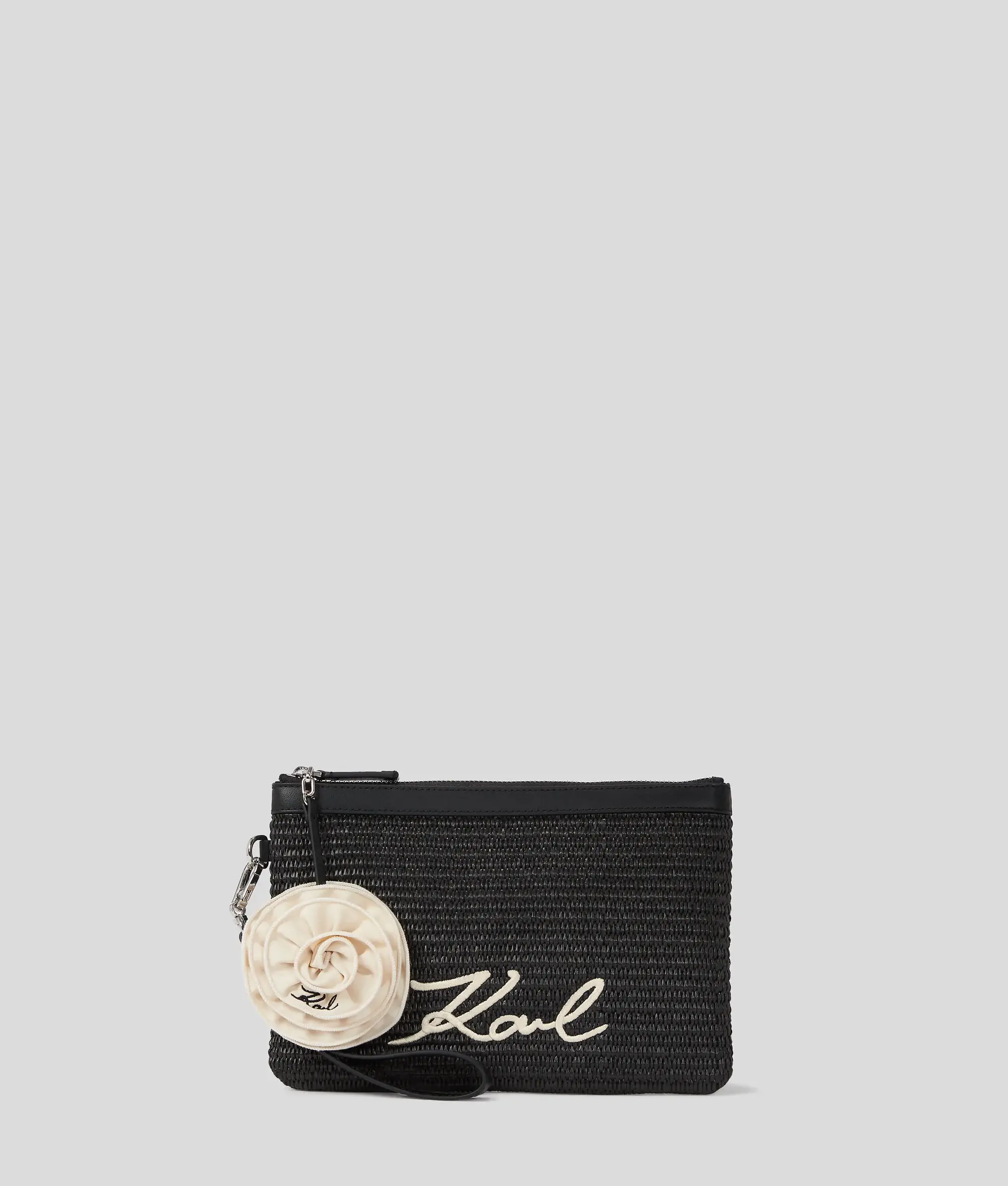 KARL LAGERFLED K/SIGNATUE FLOWER RAFFIA POUCH