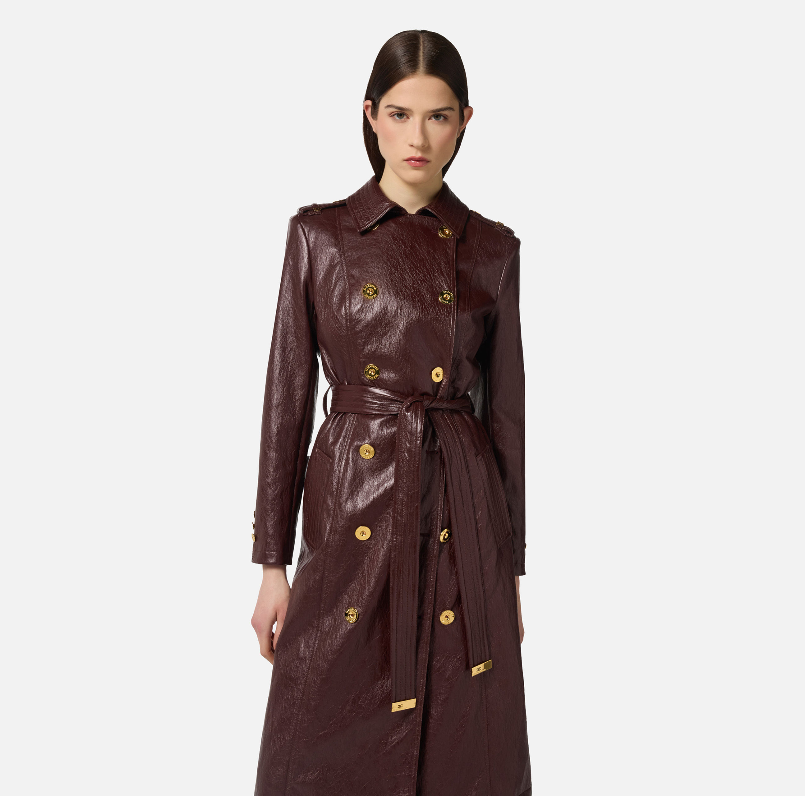 ELISABETTA FRANCHI CRACKLED LEATHER-EFFECT TRENCH COAT