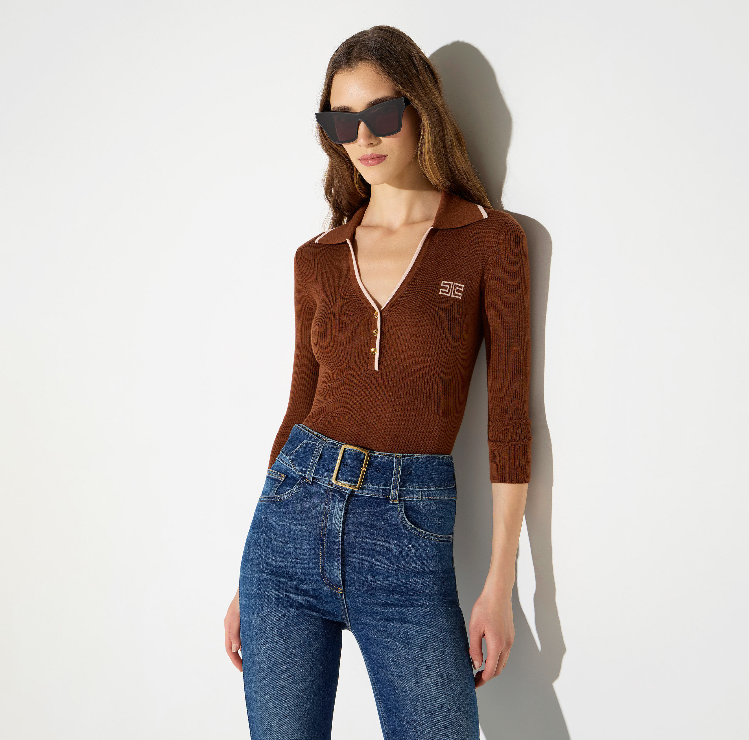 ELISABETTA FRANCHI RIBBED KNIT POLO SHIRT