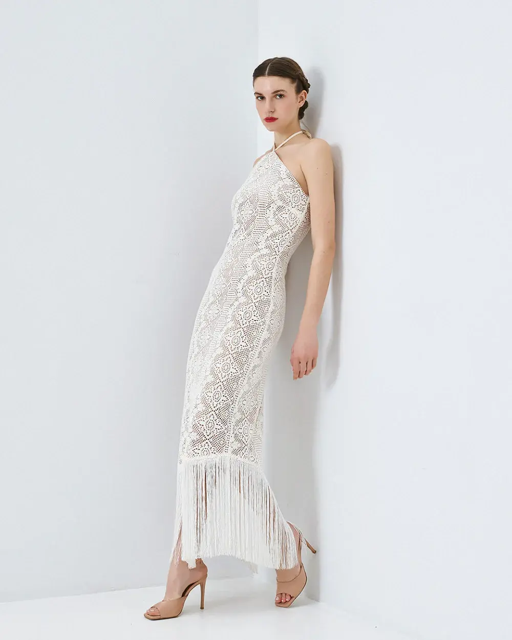 ACCESS KNITTED HALTER DRESS WITH FRINGES