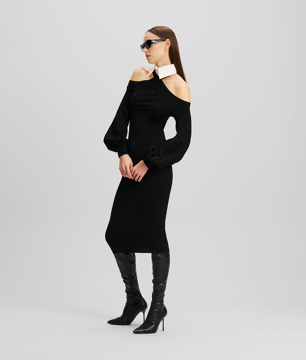 Thumbnail: KARL LAGERFELD COLD SHOULDER MIDI DRESS WITH DETACHABLE COLLAR