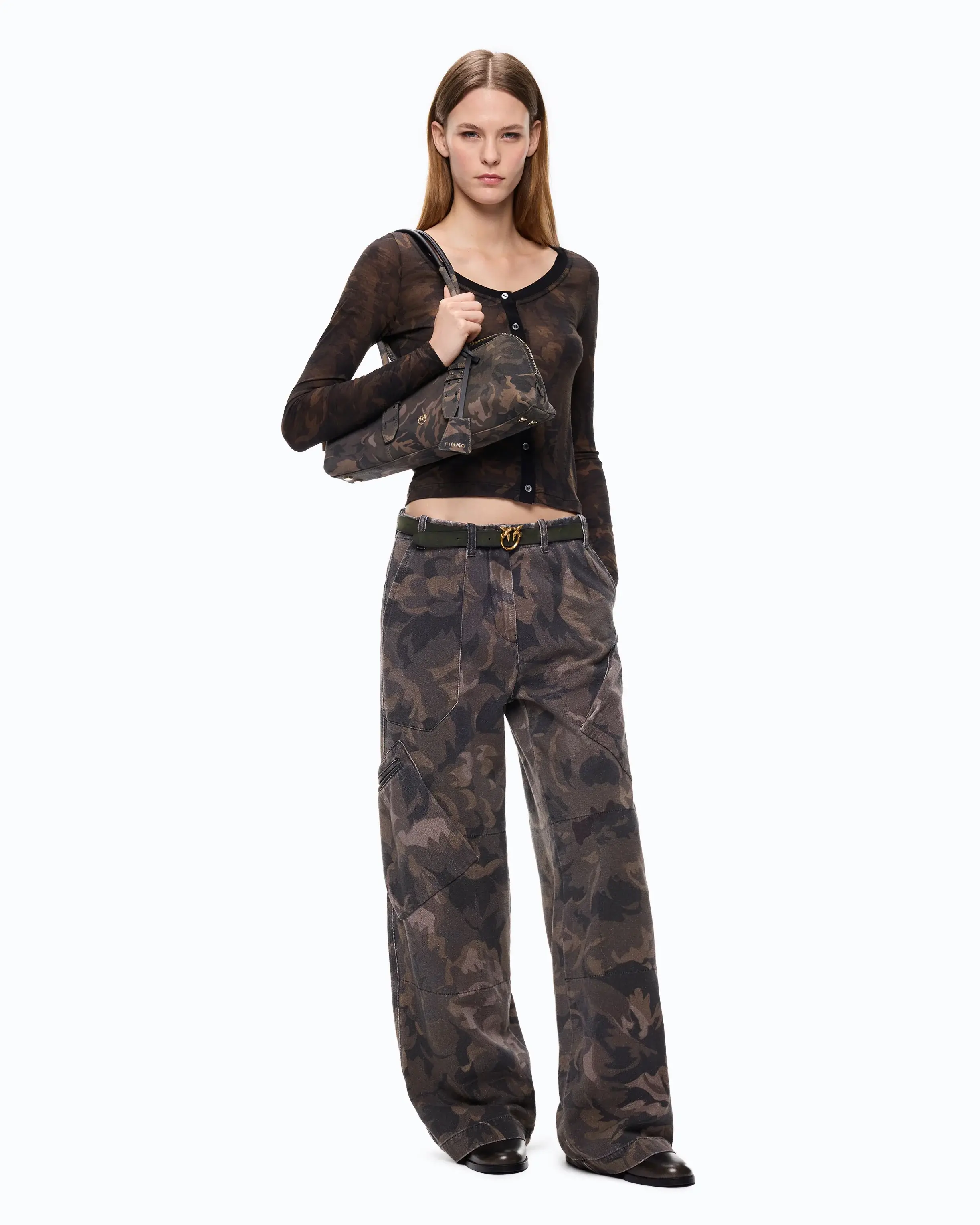 PINKO COTTON TROUSERS WITH FLORAL CAMOUFLAGE MOTIF