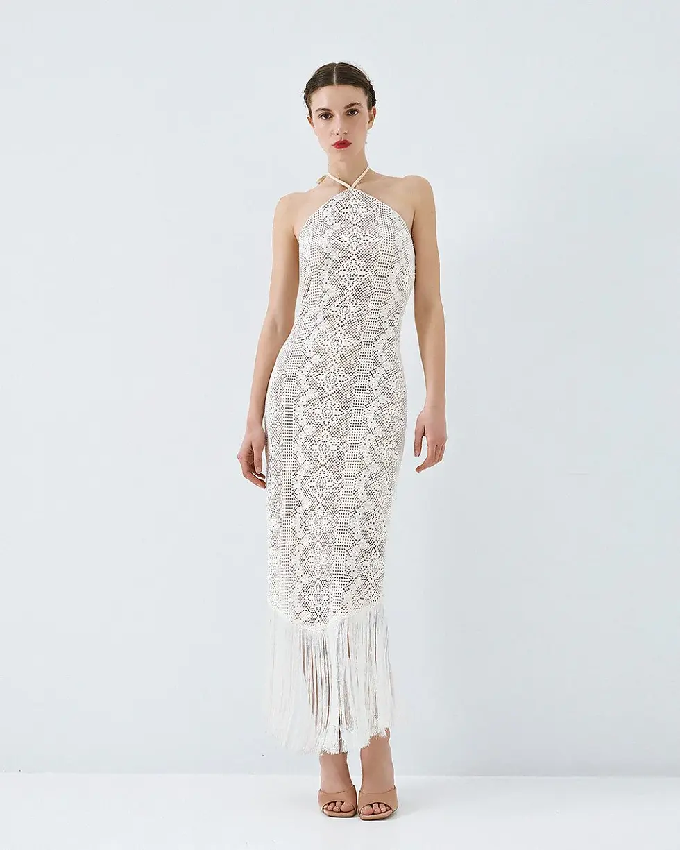 Thumbnail: ACCESS KNITTED HALTER DRESS WITH FRINGES