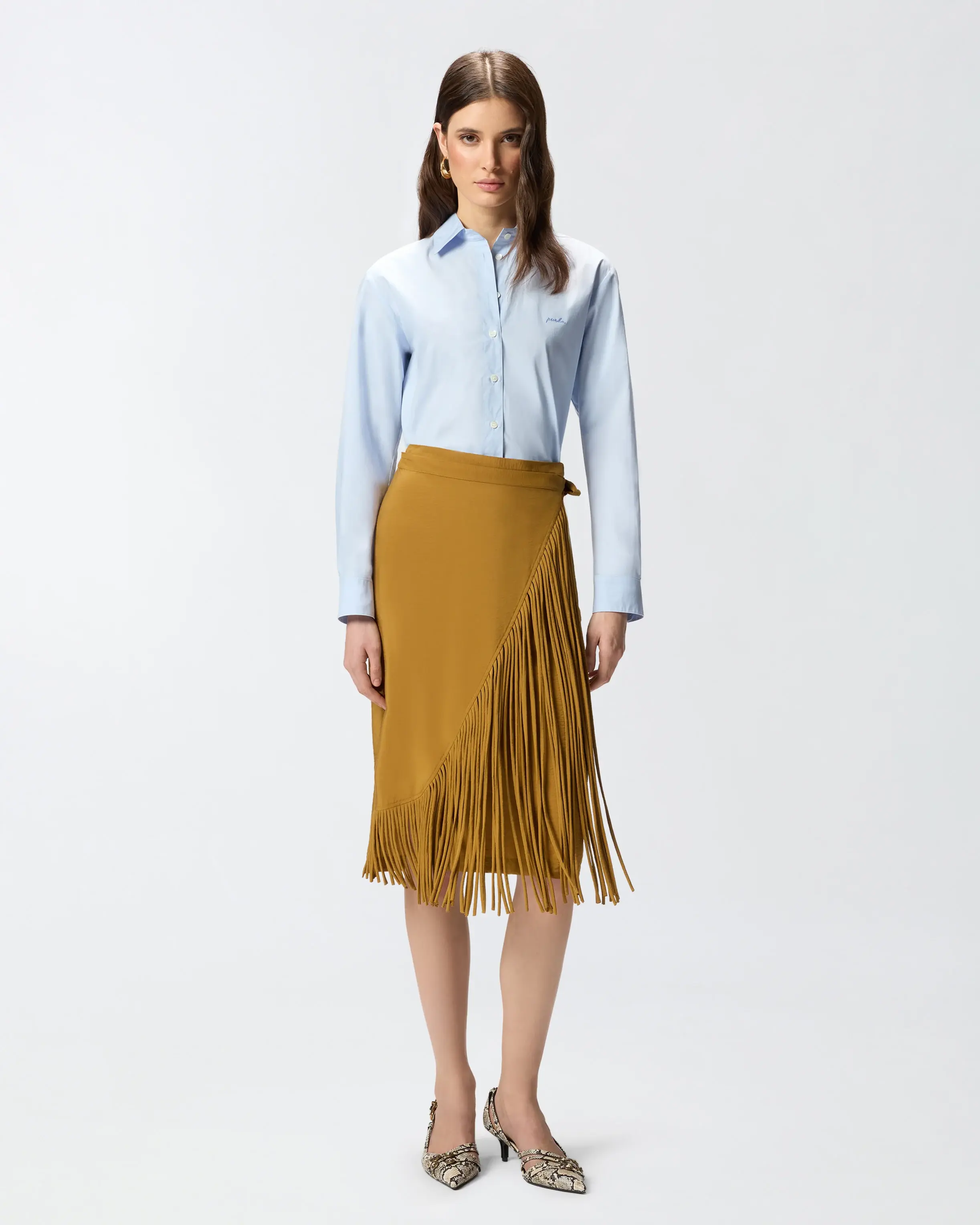 PINKO CALF LENGTH WRAP SKIRT WITH FRINGING