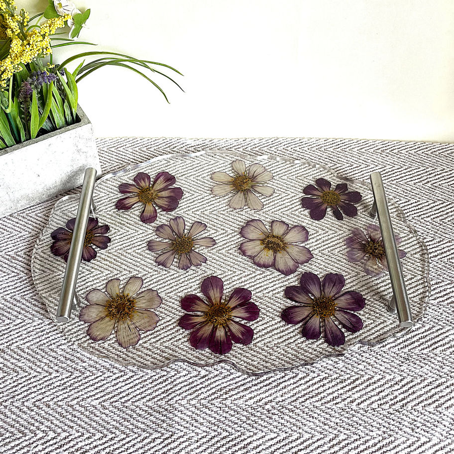 Transparent resin serving tray with real pressed flowers and silver handles