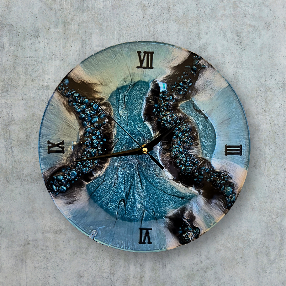 blue geode resin wall clock with metallic detailing
