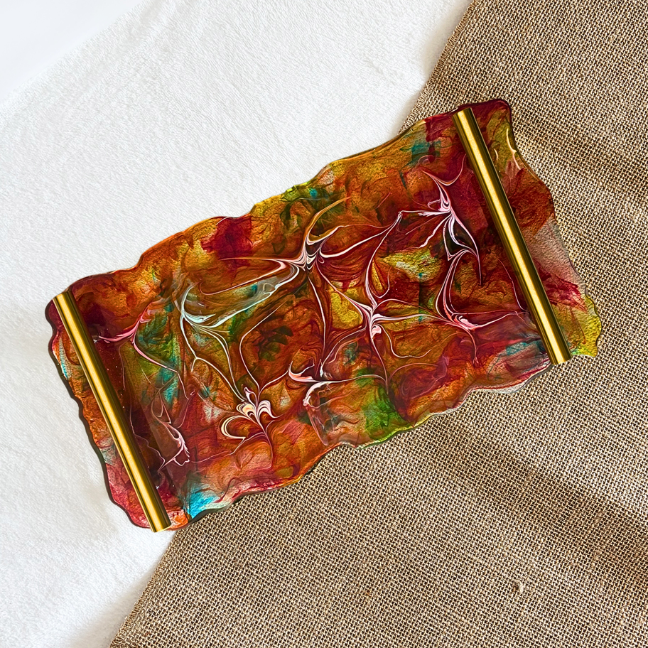 multicolour marbled resin serving tray with gold handles