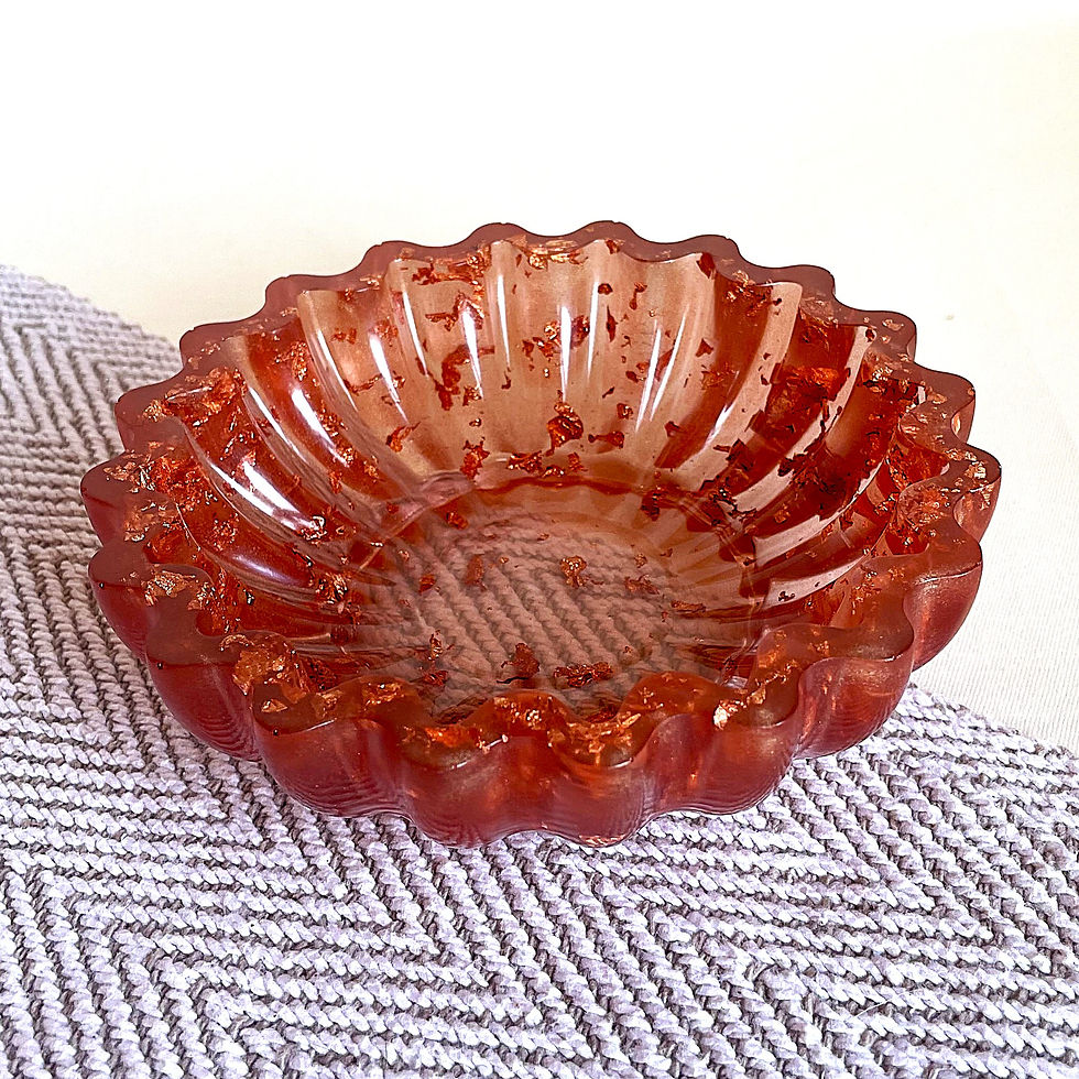 Handmade amber resin trinket dish with rose gold leaf flakes and fluted design