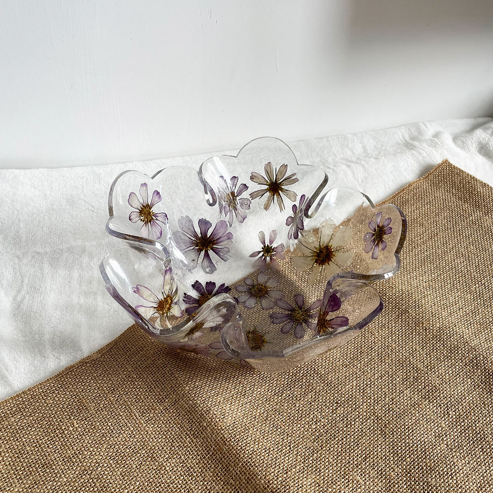 Handmade floral resin bowl with clear botanical base