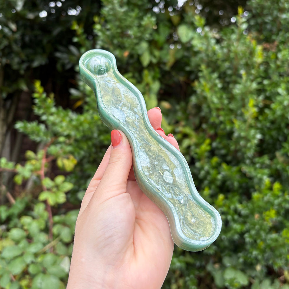 Artistic green resin incense holder with white marbling