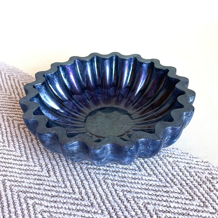 Midnight blue fluted resin trinket bowl, small decorative dish for modern home decor