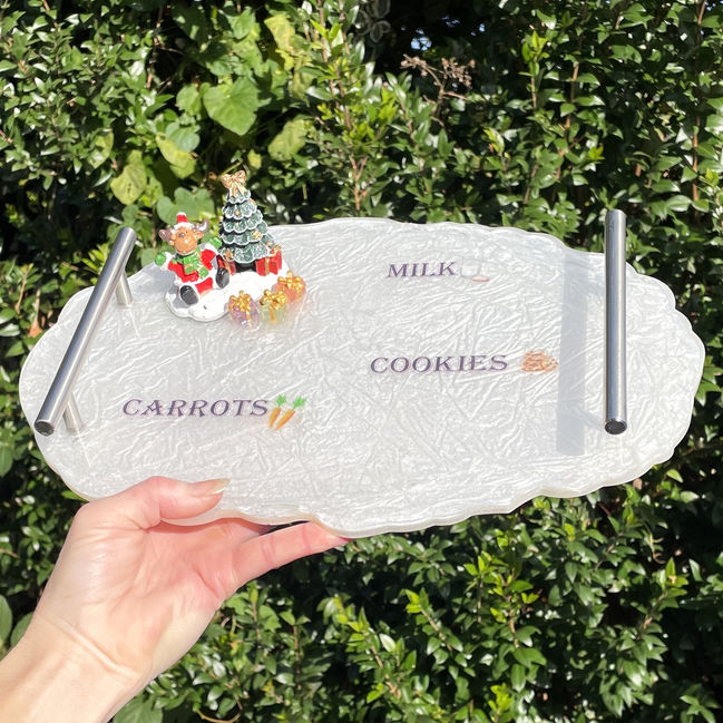 Festive Christmas tray with tree, reindeer, and presents decorations