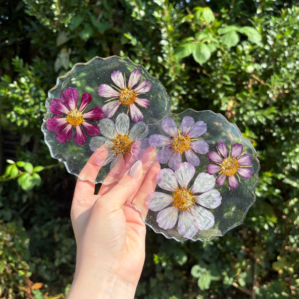Transparent resin coaster with purple flowers