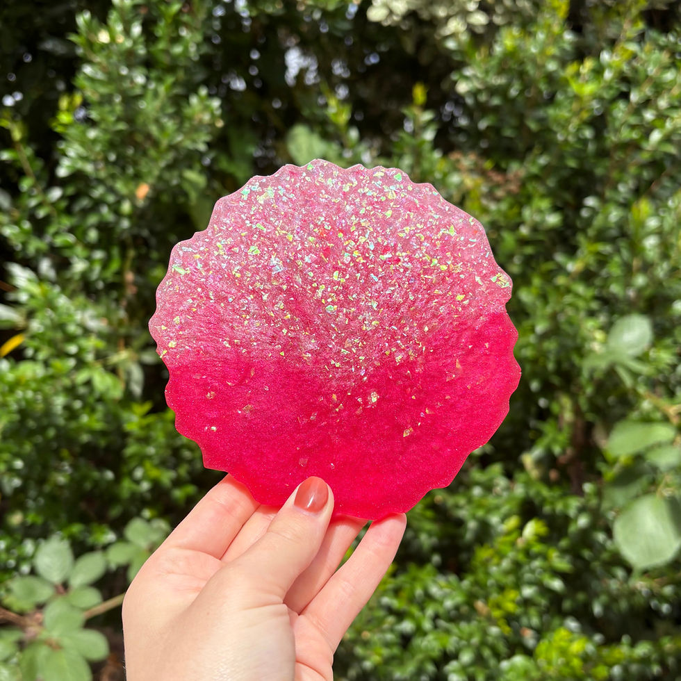 Handmade irregular round pink ombre resin coaster with glitter accent for home decor