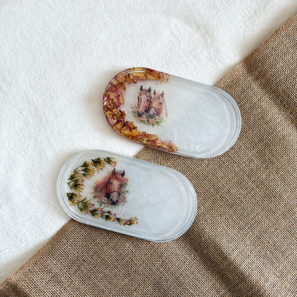 Oval pearlescent resin tray with horse accent and flowers